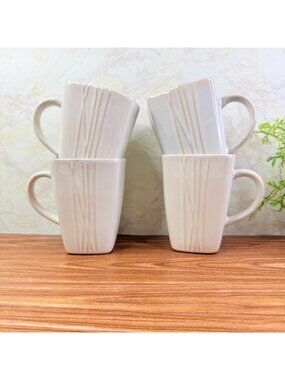 Pier 1 SAKUI Off White Ceramic Square Ribbed Textured Coffee Mugs Cups Set of 4